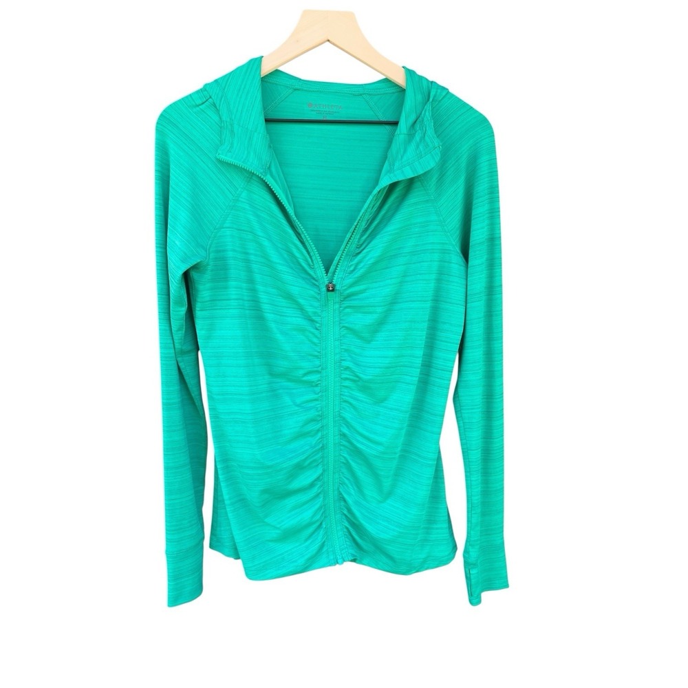 Athleta Circuit Zip Hoodie Jacket Size M Thumbholes Teal Space Dye Ruched